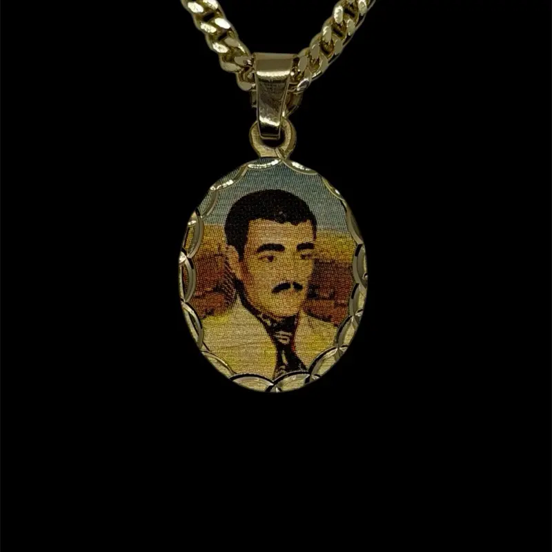 14k Gold Plated Diamond Cut Jesus Malverde Pendant Necklace