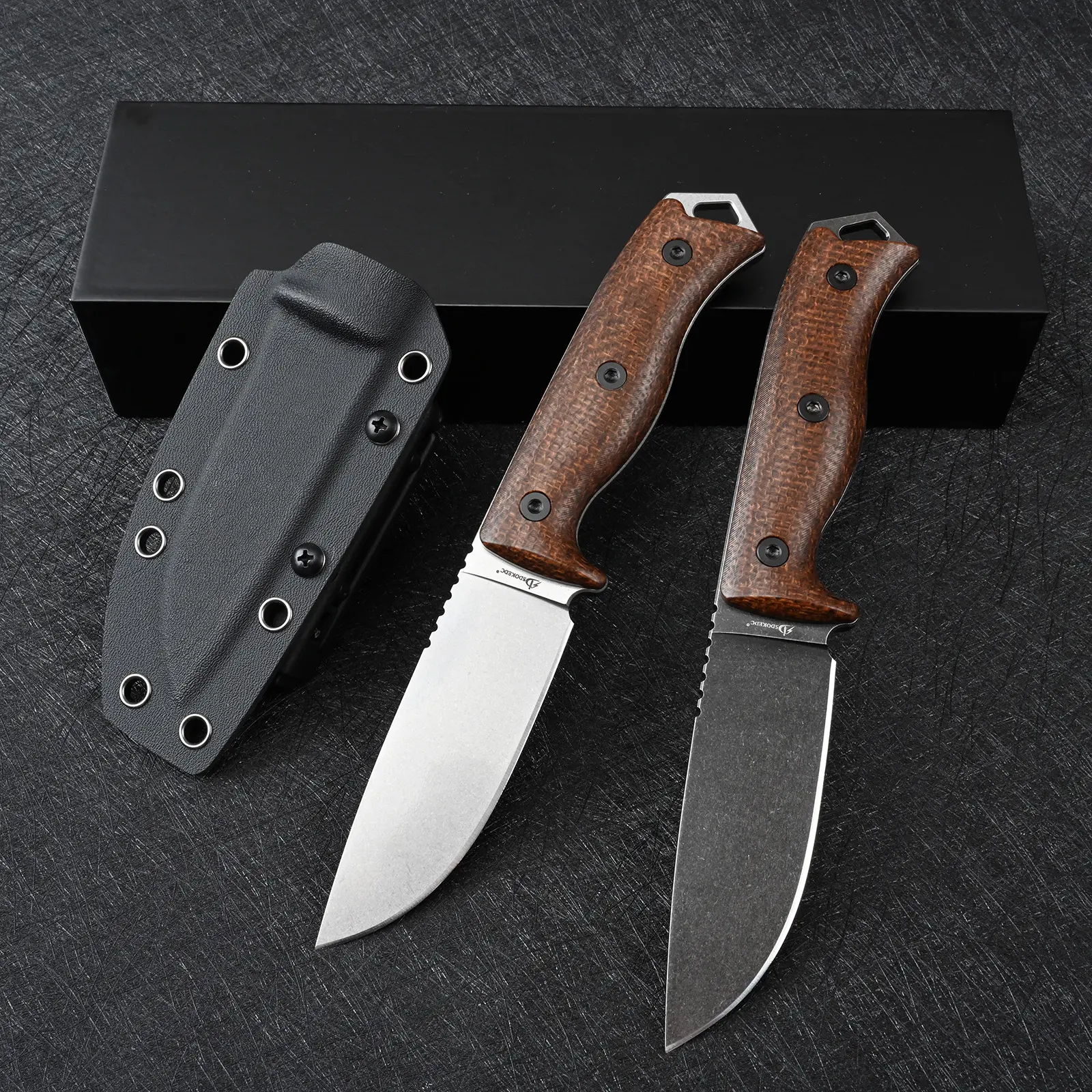 SDOKEDC EDC Fixed-Blade Knife - DC53 Steel, Flax-Infused Micarta Handle, Stone Wash Finish, Kydex Sheath, 2-Blade Pocket Knife Compatible Emergency Survival Gear for Outdoor Camping Bushcrafting, Knives