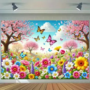 Summervibes 1pc Vibrant Spring Flower Meadow Polyester Photography Backdrop - Cherry Blossom & Butterfly Scene, Ideal for Indoor/Outdoor Party Decor, Studio Props, Birthday & Holiday Celebrations, Event Backd, Flower Design, Party Decoration Supplies