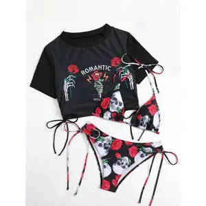 Women's 2026 Summer 3-Piece Swimsuit Set, Sexy Floral and Letter Side-Tie Bikini with Floral Bikini Bottom and Beach Cover-Up for Casual Vacation, Swimsuit For Women