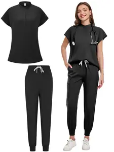 Workwear Handwashing Scrub Set, Casual Fashion Commute Scrub Suit, Stand Collar Sleeveless Top and Cuffed Pants, Ideal for Doctors and Nurses, Uniforms