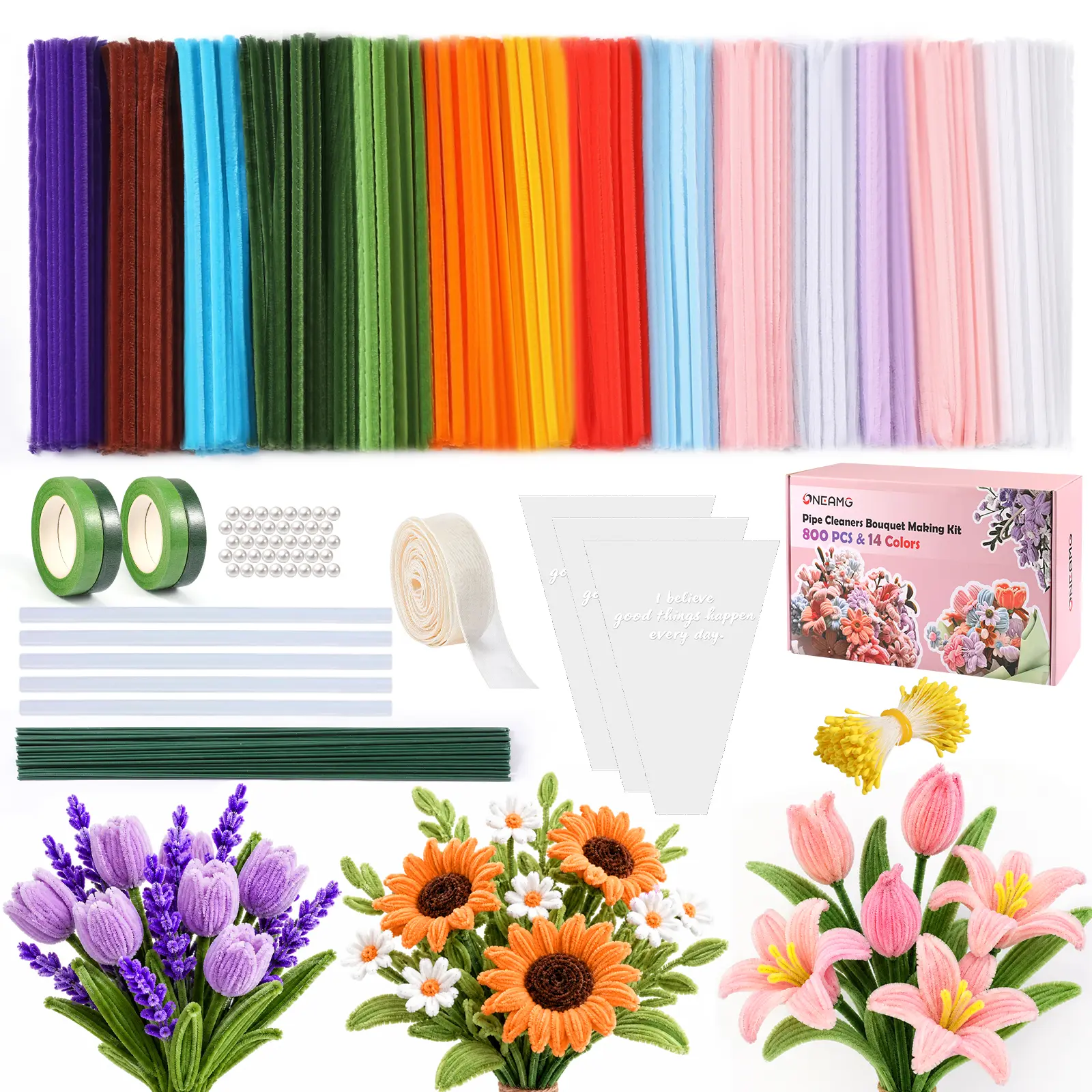 DIY Pipe Cleaner Craft Set, 800 Pcs 14 Colors Chenille Stems with Flower Stems, Floral Tape, Pink Ribbon & Wrapping Paper, DIY Flower Making Kit, Ideal Graduation Gift for Mom, Boyfriend, Girlfriend & Partner