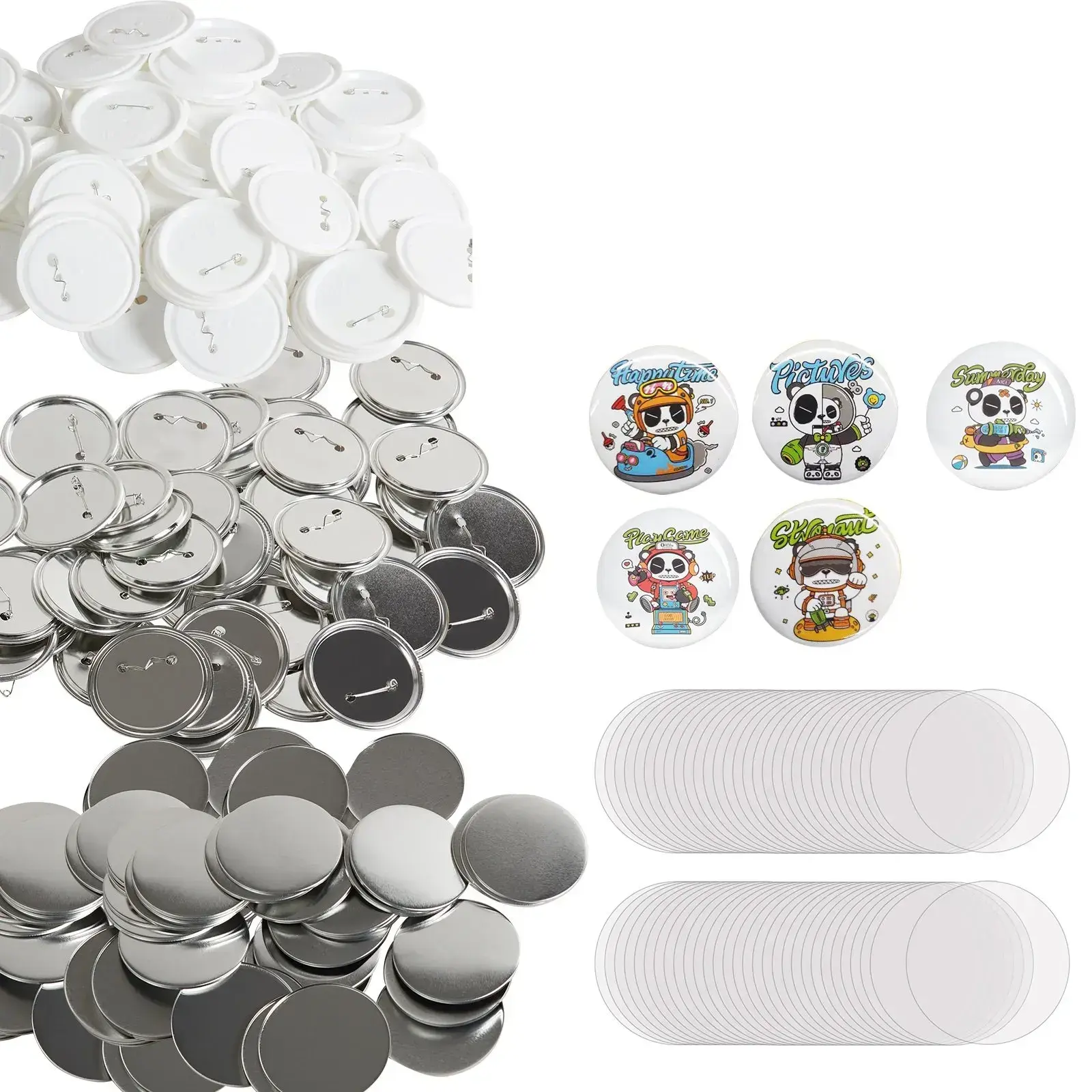 DIY Round Button Badge Parts Kit - 200/500 Pcs, 25/32/58/75 mm Pin Back Components, Includes Metal Top, Plastic/Metal Button, Clear Film, Blank Paper for Gifting (Machine Not Included)