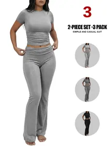 Women's 2 Piece Lounge Outfits Slim Short Sleeve Tops Low Rise Flare Leggings Sets Yoga Sweatsuit