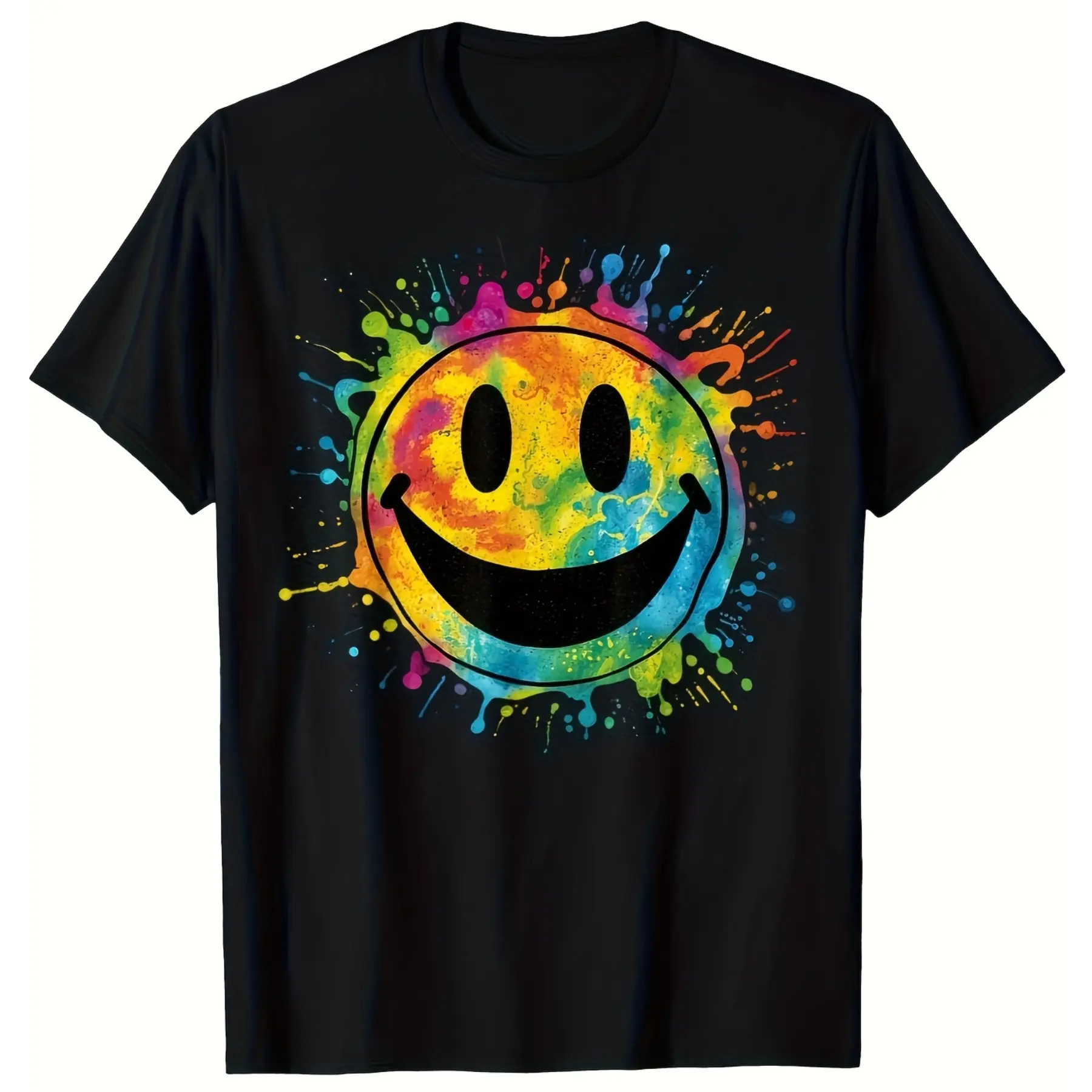 Rainbow Paint Splash Tie Dye Unisex T-Shirt for Men & Women - Smiley Face Psychedelic Graphic, Soft Cotton Crew Neck Short Sleeve, Comfortable All-Season Tee, Perfect for Everyday Casual & Happy Style, Summer Spring, Machine Washable