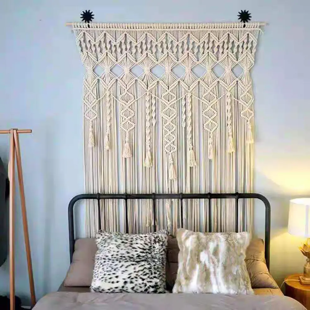 Handmade Knotted Macrame Wall Hanging - Large Non-Customised Modern Tassel Decor Curtain, Odor-Free Polyester Cotton Bohemian Drapes, Durable Eco-Friendly Interior Decoration Accessories for Door, Bedroom Window, Bohemian Curtains