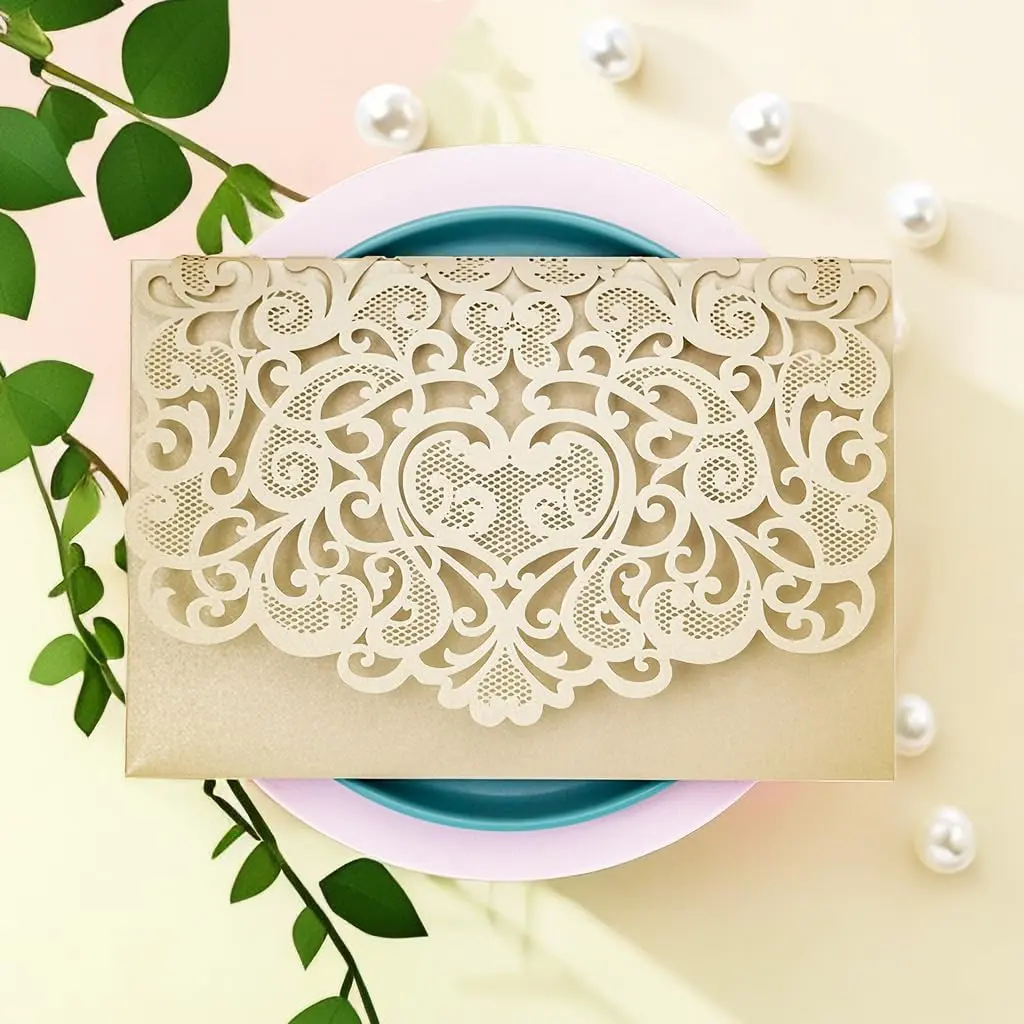 Champagne Gold Laser Cut Pocket Invitation Set (20-Count), 4.92x7.28in Wedding Invitations with Envelopes for Wedding Events, No Insert Paper