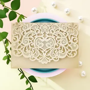 20 count Laser Cut Wedding Invitations Pocket with Envelope for Wedding Quinceanera Birthday Party Bride Showe Invite 4.92 by 7.28 inches (Champagne Gold, 20 count (No insert paper))