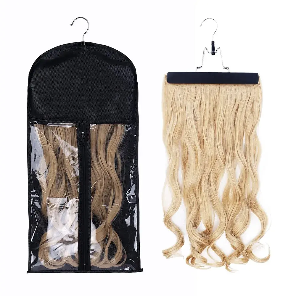 Hair Extension Storage Bag with Wooden Hanger - Large Hangable Hair Accessories Organiser with Transparent View for Tidy, Tangle-Free Wig & Hairpiece Storage, Beauty, Accessories For Women, Universal, Zip, Wash, Dry, 1 Pack Black Color Hair Extensions Sto