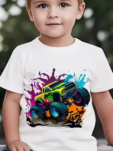 Unisex Kids' Cotton Crew Neck Short-Sleeve Graphic Printed Tee - Fitted Cut, Cartoon Small Truck Print, Fade-Resistant, Slogan Design, Boys' Daily Sportswear, Crew Neck Shirt