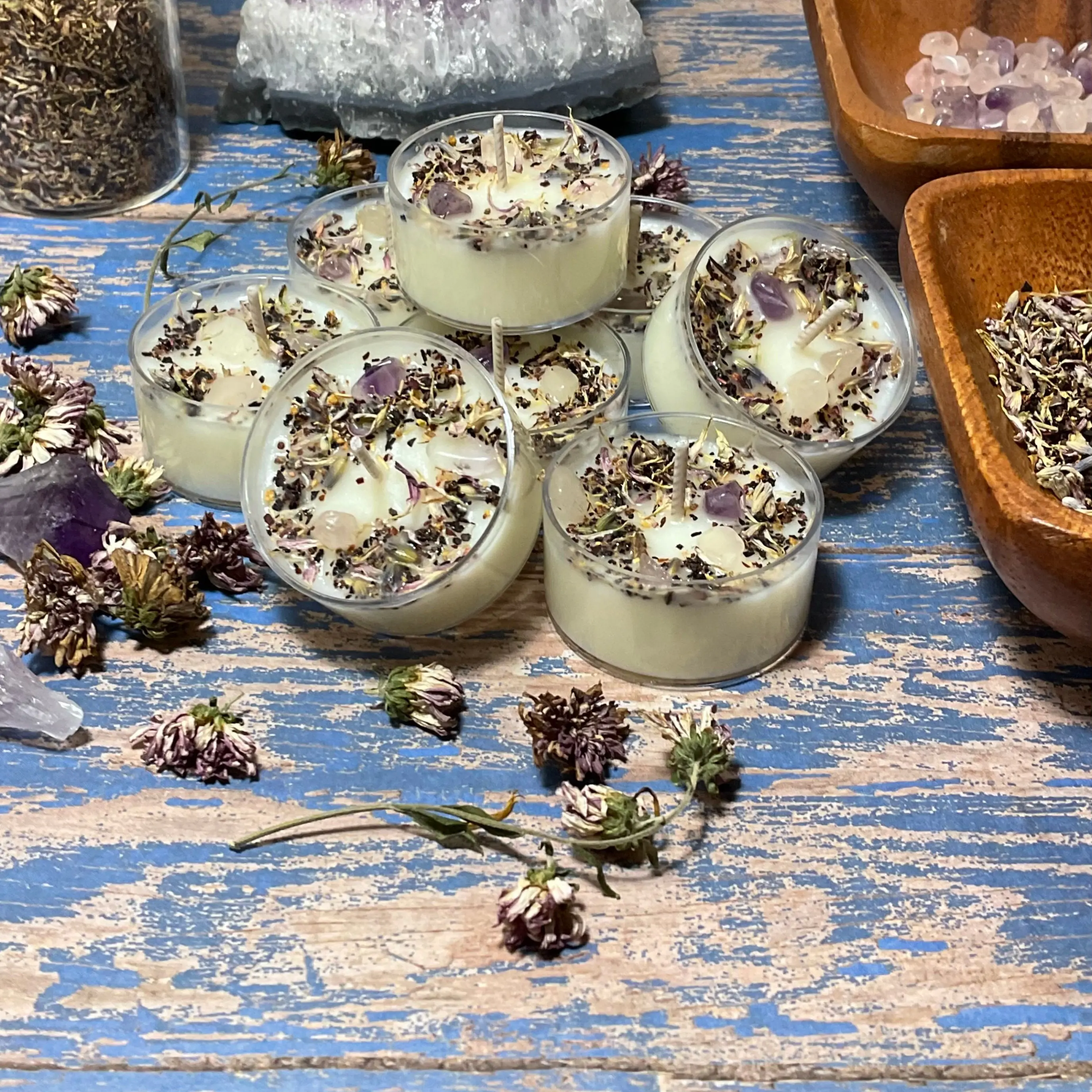 Honeysuckle Jasmine Soy Tea Lights, Crystal Gemstone Botanical Candles