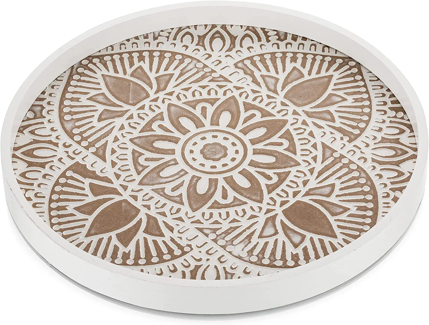 Decorative Serving Tray Round: Farmhouse Coffee Table Decor Boho White Mandala Trays for Living Room Kitchen Bathroom Display Hanobe
