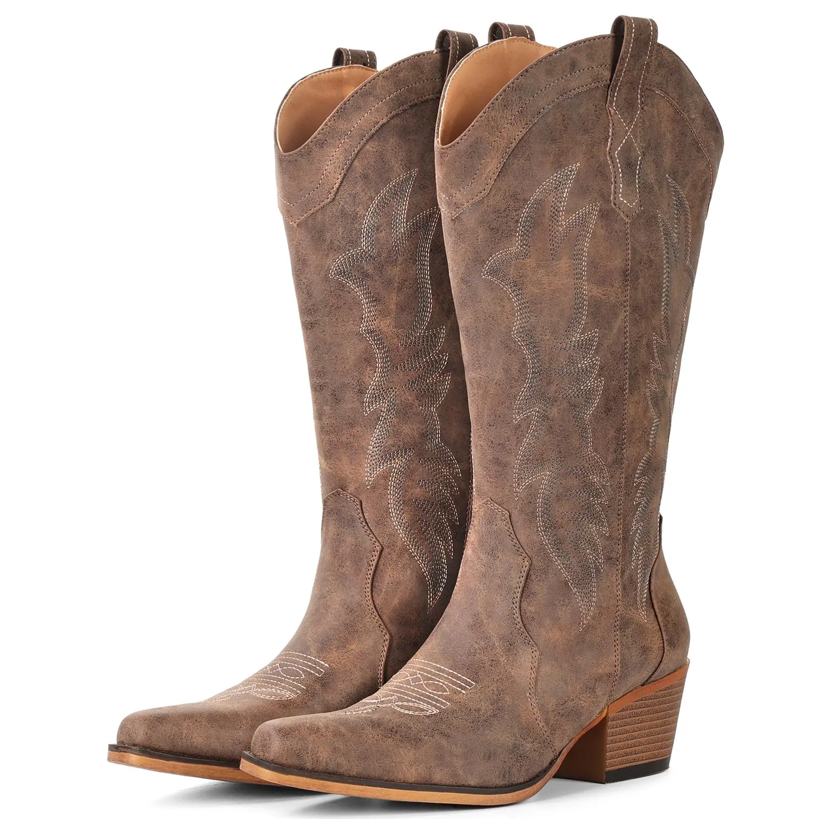 FLORALIE Women's Cowboy Boots: Pointed Toe with Embroidered Detailing, Chunky Heel Mid-Calf Design, Classic Retro Embroidery – Ideal for Country Concerts, Dancing, Weddings, Travel, and Daily Wear