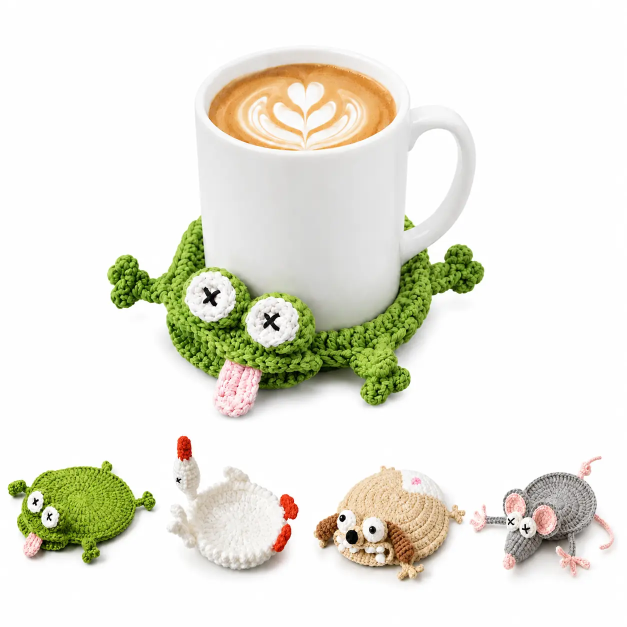 Handmade 3D Knit Fabric Coaster - Funny Animal Shapes (Frog, Goose, Pug, Mouse) with Cute Faces, Kitchen Tableware Drink Mat for Coffee Table Decor, Unique Gift for Animal Lovers