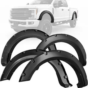 OEDRO Front Rear Fender Flares Compatible with 2023-2024 Ford F-250 F-350 Super Duty, Smooth Black Pocket Riveted Truck Wheel Fenders, 4 Pcs Chrome Eyebrow Headlight Trim Cover