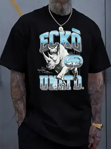 Ecko Unltd Vintage T-Shirt Iconic Rhino Chrome Gradient Print 100% Cotton Short Sleeve Tee for 90s Hip-Hop Street Style Menswear Top - Streetwear Tshirt Crewneck Tropical
