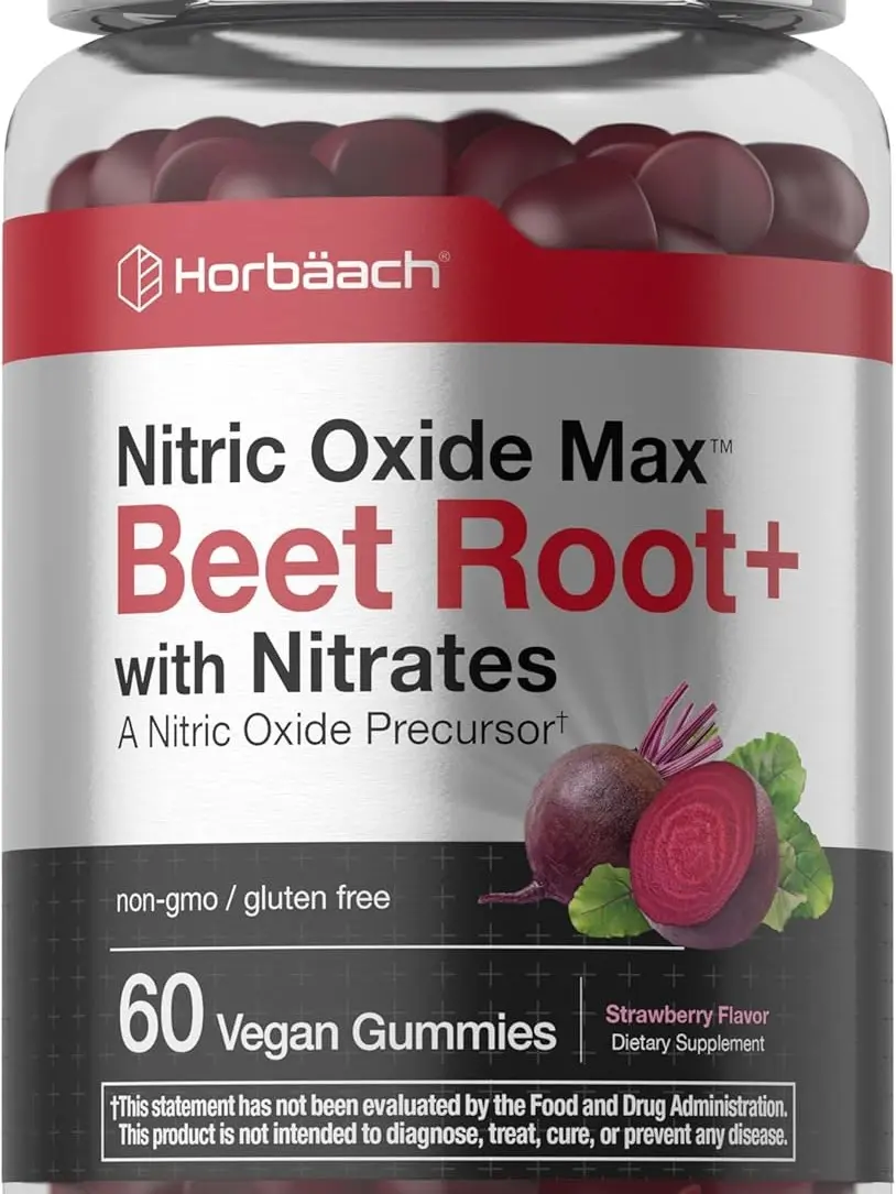 Horbäach Nitric Oxide Beet Root Gummies | 60 Chews | with Nitrates, Vitamin C & Black Pepper | for Men & Women | Strawberry Flavor | Vegan, Non-GMO, Gluten Free Supplement