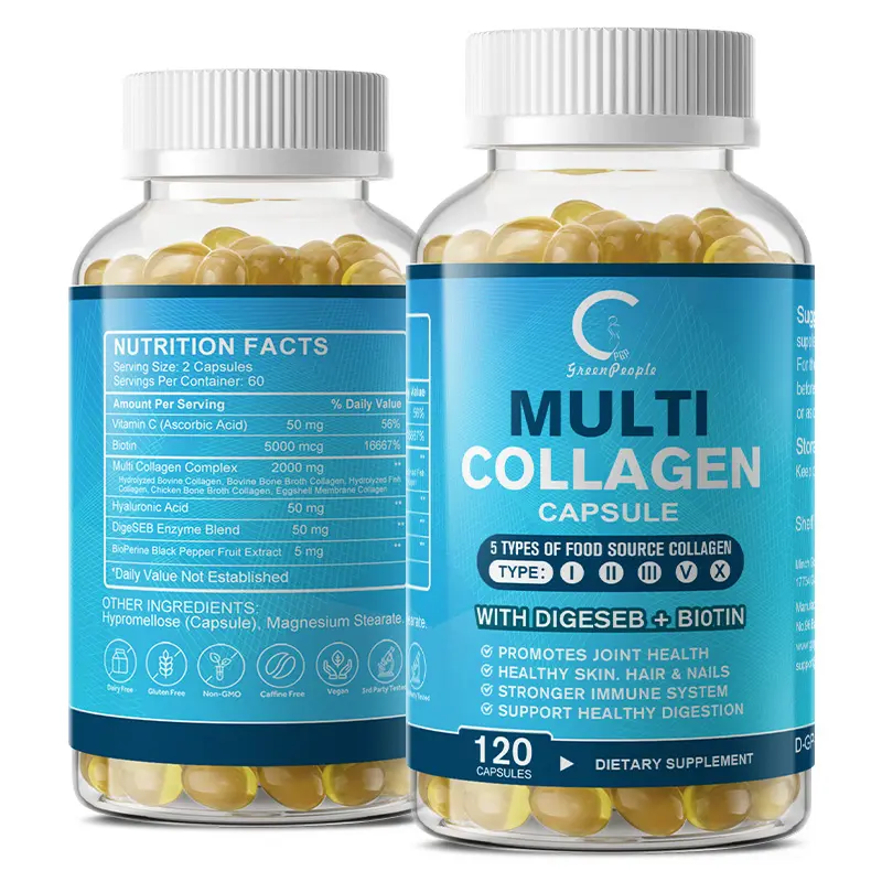 Greenpeople Secret De Peau Multi Collagen Capsules with Vitamin C, Biotin, Hyaluronic Acid & Enzyme Blend, Collagen Complex Supplement, 60 Capsules