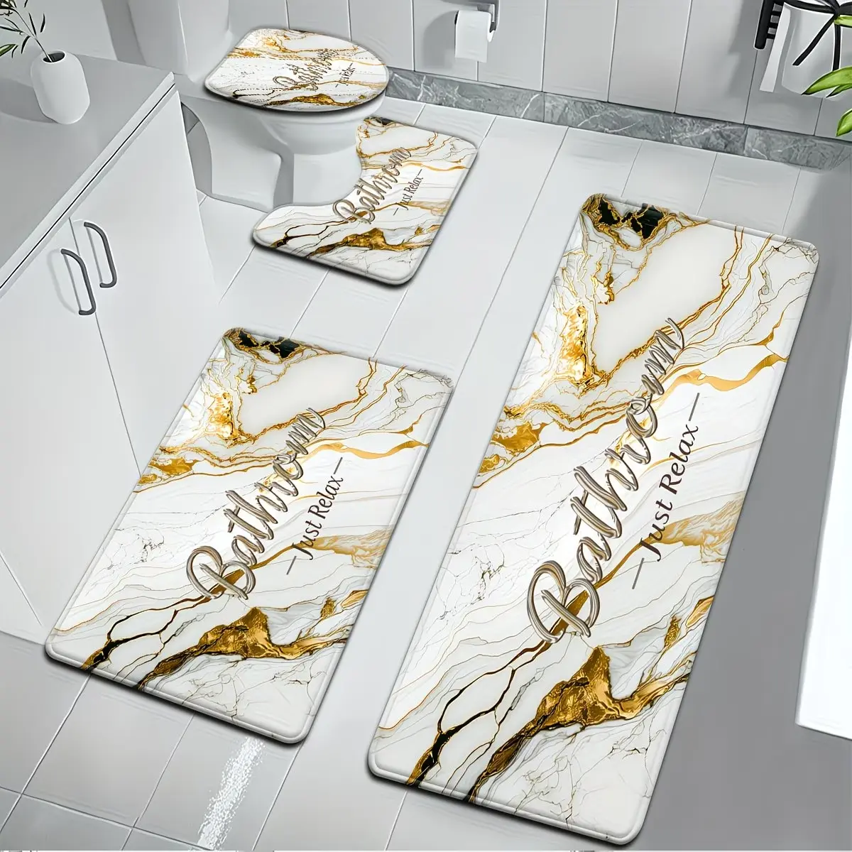 [Bathroom Mat Set] Gold flannel Bathroom Rug Set 3/4 Piece, Non-Slip Water Absorbent Bath Mats, U-Shaped Toilet Mat, Washable Shower Floor Mats for Vanity & Bathtub