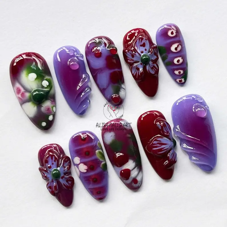 Custom Burgundy Press On Nails | 3D Flower & Tortoise Shell Design | Chic Orchid Ombre Nails for Spring & Holidays