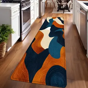 1PC，Blue, Orange, and Off - White Abstract CurvesPatterned strip rugs, Decorative Rug, Home Decor Mat, used for everyday or festive decorations, entryway mats, RV mats, bathroom non-slip mats, bedroom bedside mats, and kitchen mats.