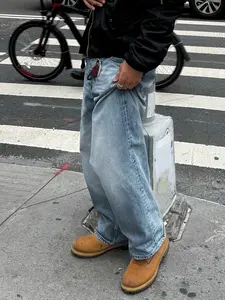 Men's New Loose Washed Blue Denim Jeans for Casual Wear, Simple Design for All Seasons Comfortable Fit Durable Fabric