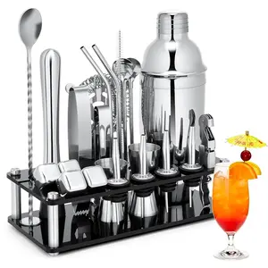 Cocktail Shaker Set 23-Piece Stainless Steel Bartender Kit with Acrylic Stand & Cocktail Recipes Booklet Professional Bar Tools for Drink Mixing Home Bar Party (Include 4 Whiskey Stones)