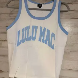 Lulu Mac White Tank Top with Blue Trim and Logo Design for Casual Wear, Shirt, Sleeveless