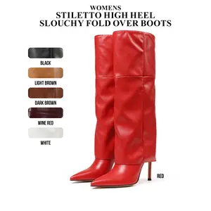 CYNLLIO Knee High Boots for Women Pointed Toe Stiletto High Heel Slouchy Fold Over Elegant Tall Boots Pull on Comfy Wide Calf Concert Party Outdoor Dress Fashionable Spring Shoes