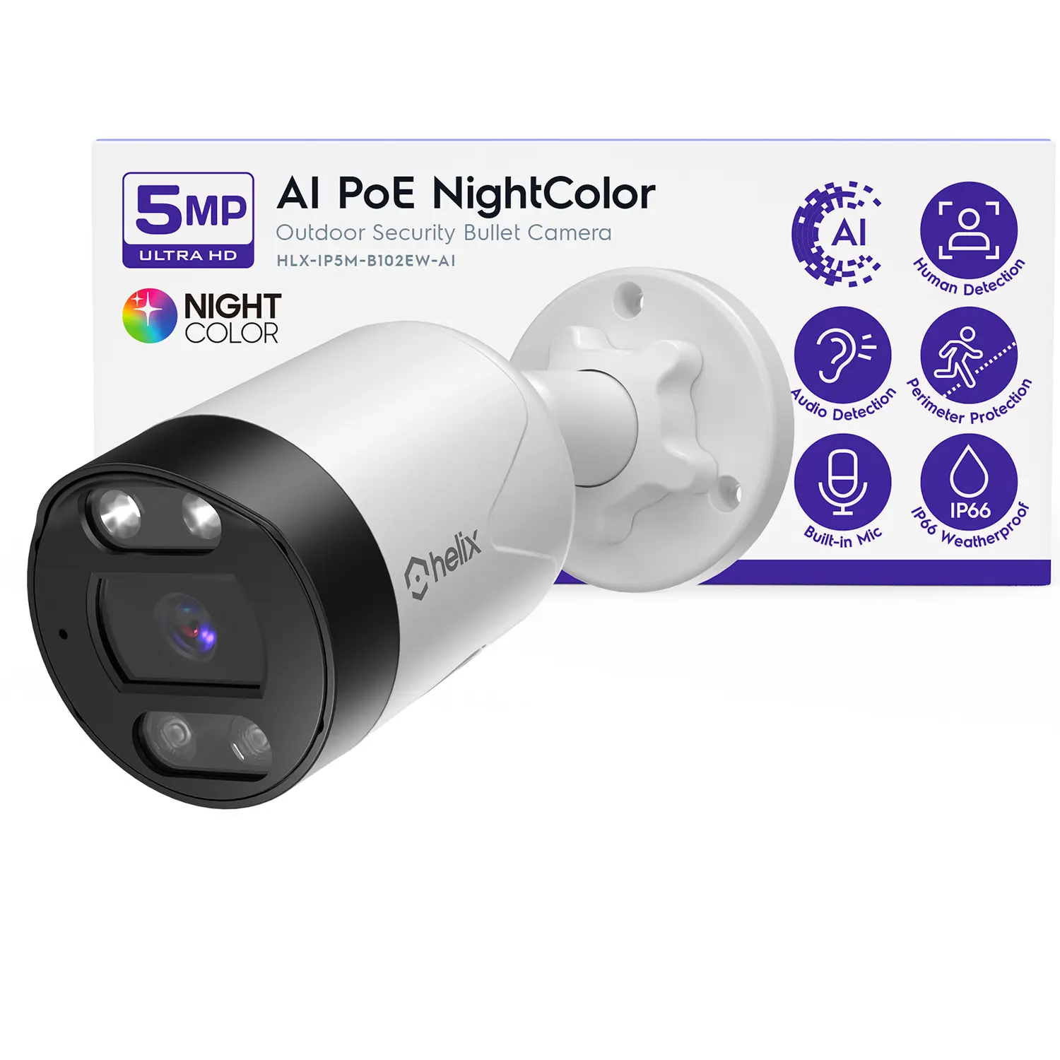 Helix 5MP Outdoor IP Security PoE Camera, HLX-IP5M-B102EW-AI, Human Detection, NDAA Compliant, IP Surveillance Bullet, 2-Way Audio, Support 256GB MicroSD, 98ft Night Color Vision, Deterrent