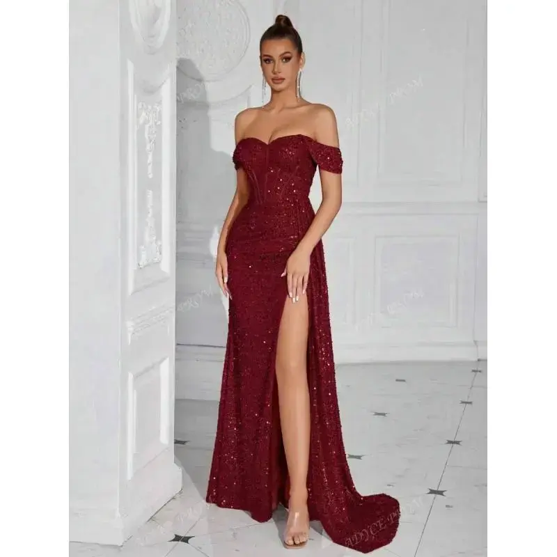 SequinSweetheartNecklinePleatedWaistLongSashTieFrontSlitOpenBackCocktailPartyDress,ElegantFormalEveningPromGown,ForWeddingGuest,Graduation,DinnerNewYearEve Chic Womenswear Burgundy Basic SequinSweetheartNecklinePleatedWaistLongSashTieFrontSlitOpenBackCocktailPartyDress,ElegantFormalEveningPromGown,ForWeddingGuest,Graduation,DinnerNewYearEve Chic Womenswear Burgundy Basic