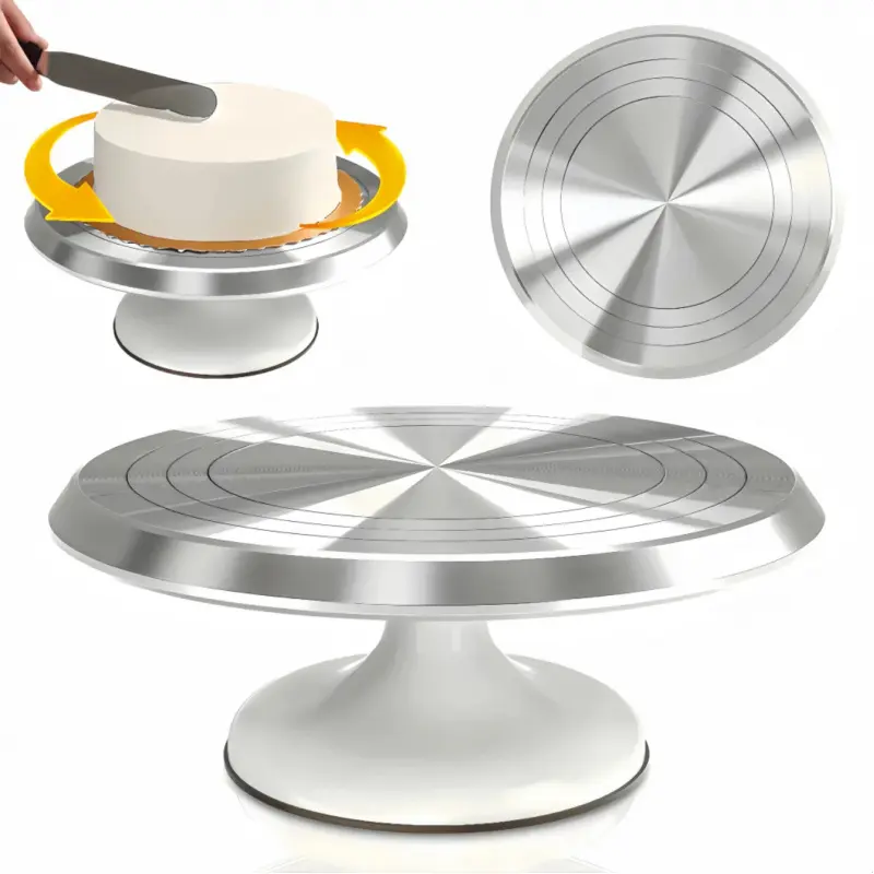This aluminum cake rotating turntable features 360-degree rotation, non-slip base, and a smooth stand, suitable for 4-8 inch cakes, ideal for cake decorating, baking, and frosting, Cake Decorating Supplies, Cake Decoration Tools