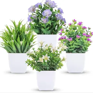 Artificial Potted Plant, 4 Counts Mini Faux Potted Flowers, Artificial Fake Flowers, Artificial Flower Set, Decorative Plants for Home Room Farmhouse Bathroom Decor Indoor, Artificial Flower Decoration