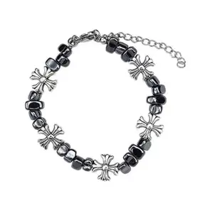 Gothic Cross Beaded Bracelet for Men Women Natural Black Hematite Stone Irregular Tumbled Beads Bracelet Y2K Hip Hop Punk Rock Wristband Retro Chrome Floral Crosses Jewelry Gif