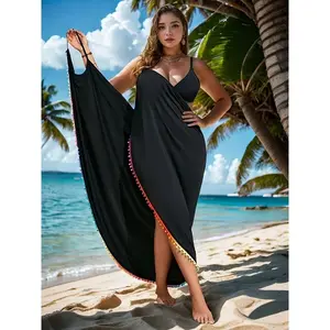 Women's Bohemian Summer Smock Cover-Up - Lightweight Solid Color Beach Cover-Up with Fringe Details, Machine Washable Loose Fit for Poolside & Vacation Wear, Modest Beach Attire, Flowy Beach Coverup, Colorful Tassel Details