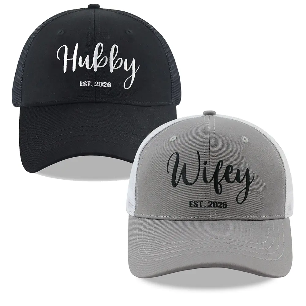 Hubby & Wifey Couple Hats, 2-Pack Embroidered Cotton Mesh Trucker Snapbacks for a Wedding or Bridal Shower Gift, Adjustable Fit, Unisex, Clothes, Newlywed, Engagement, Fitted Hats, Snapback Hats