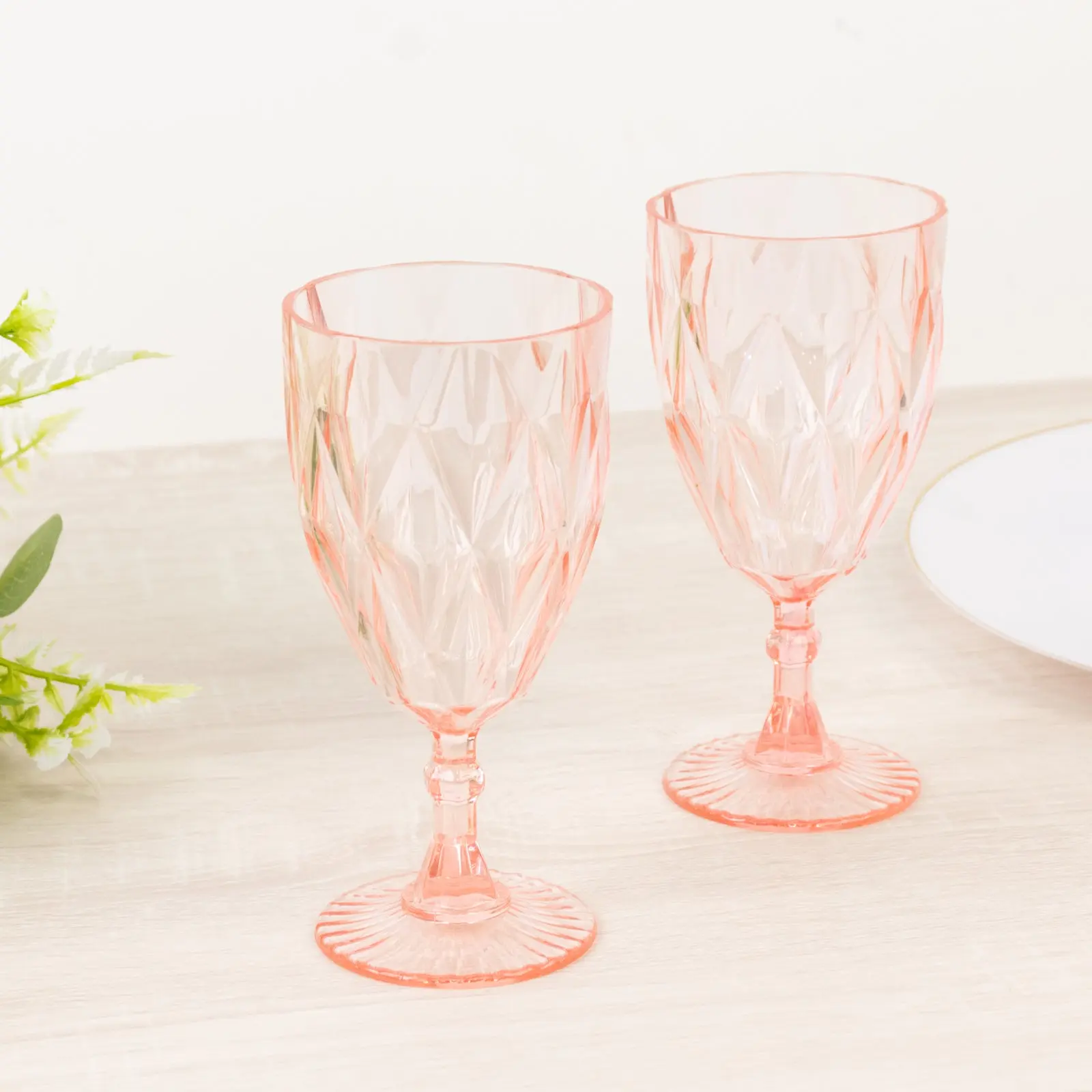 12-Pack Diamond Cut Vintage Plastic Wine Glass Set, Blush 11oz Embossed Reusable Drinking Glasses for Birthday, Wedding Parties