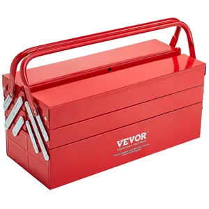 VEVOR Metal Tool Box,  18-inch, 3-Tier 5-Tray Portable Folding Tool Chest Organizer with Handle & Lock Hole, Powder Coated Steel, Cantilever Toolbox for Household Factory Warehouse Repair Shop, Red
