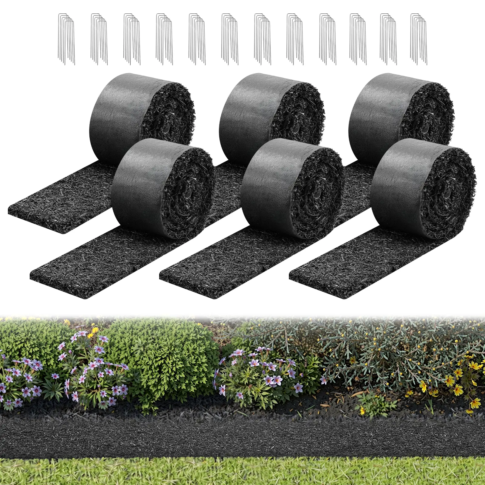 【SummerFinds】VEVOR Rubber Mulch Roll Pack (6 Rolls, 120x4.5 in, 0.5 in Thick) - Outdoor Weatherproof Recycled Rubber Permanent Edging Border, Natural Look Flower Barrier with Stakes, Easy to Cut Garden Edgings for Landscaping, Breathable Weed-Root Blocker