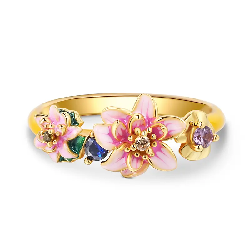 Jeulia "Tenderness in The Pond" Water Lilies Inspired Enamel S925 Sterling Silver Dainty Silver Ring, Dainty Silver Rings