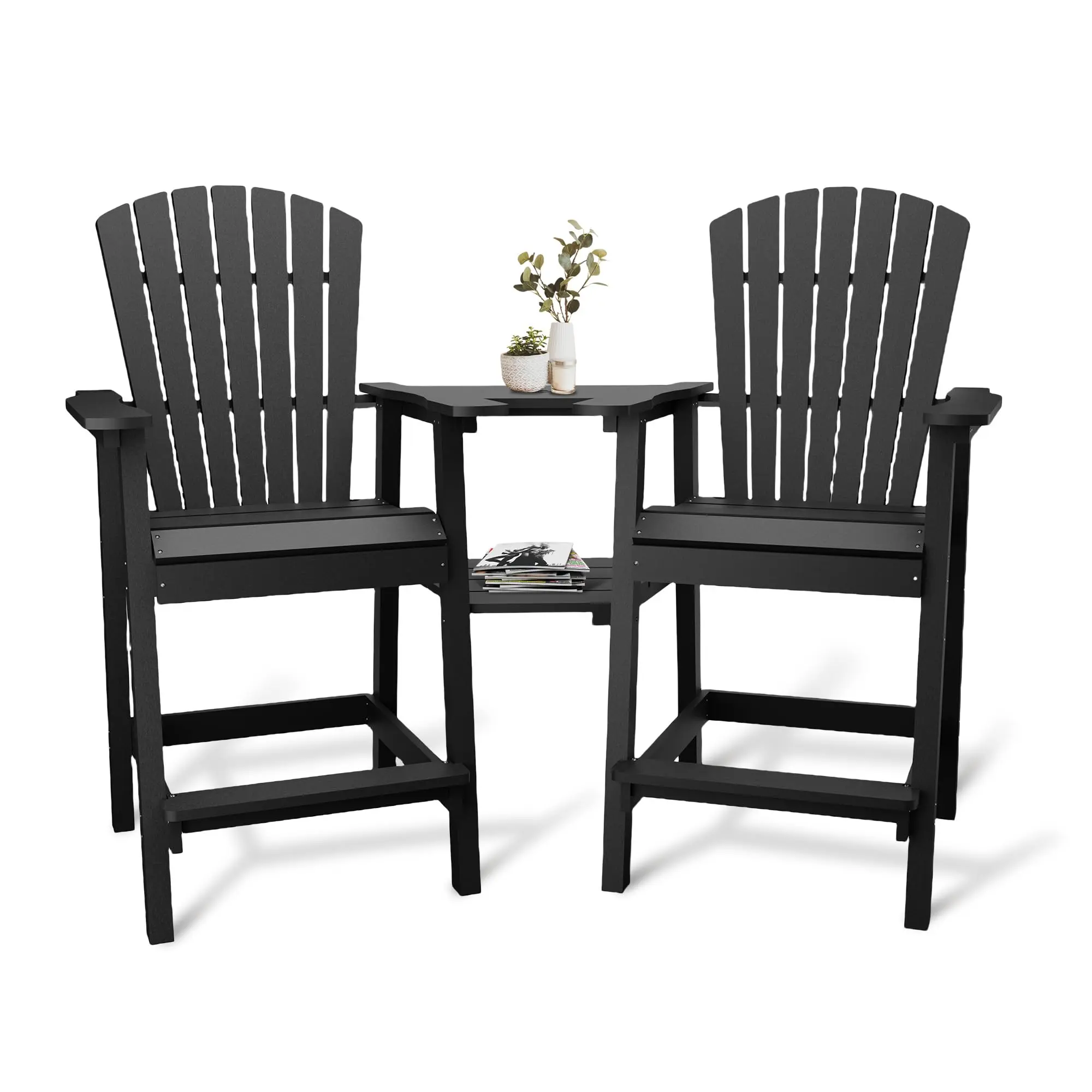 Garvee Outdoor Recycled Poly Adirondack Barstools With Connecting Tray, Patio High Adirondack Chairs for Deck, Backyard, Balcony, Outdoor Bar Height AdirondackChairs Set of 2