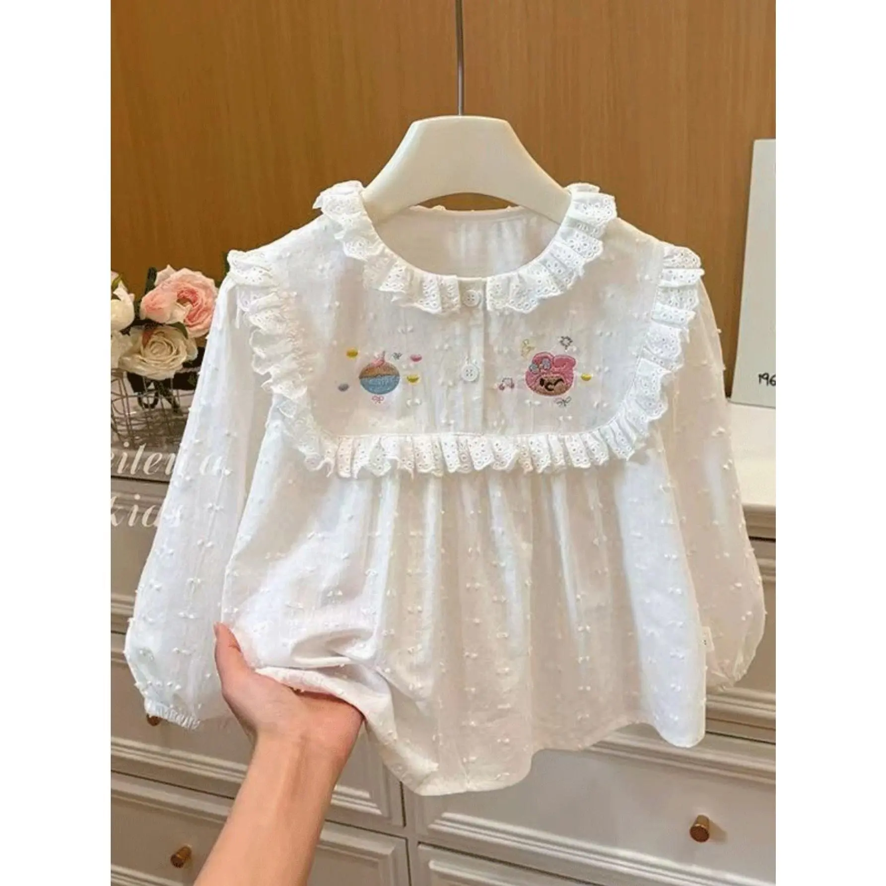 Girls' Spring & Autumn New Lace Trim Collar Cartoon Embroidered Doll Blouse|   New Chinese Style Jacquard Long Sleeve Top for Outerwear