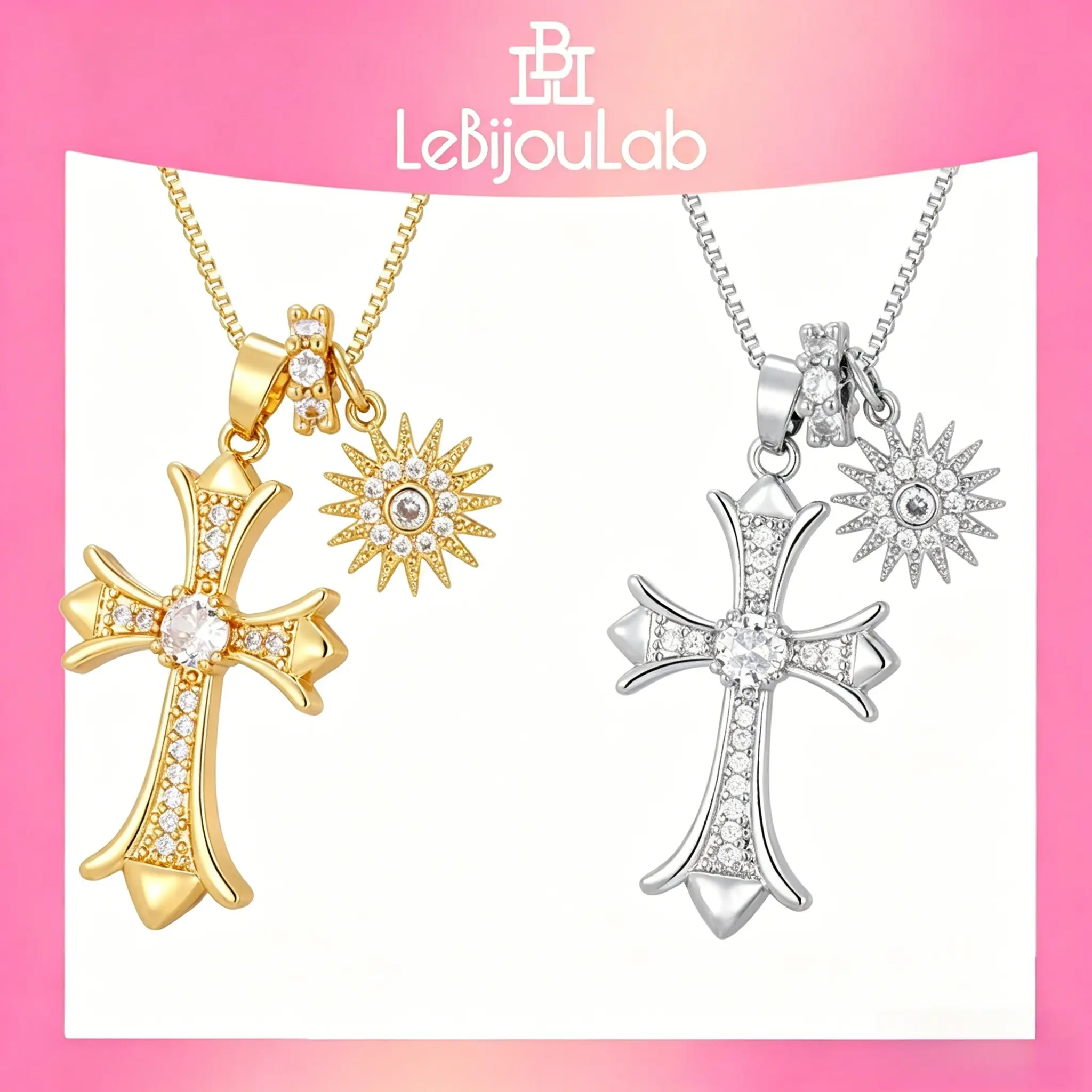 [LebijouLab] Viral Cross & Sun Charm Necklace for Women | Retro Luxury Aesthetic Cross Necklace with Sunburst Charm | Jewellery for Her | Mother's day Gift