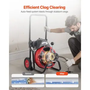 VEVOR Drain Cleaner Machine 50 FTx 1/2 Inch, Auto Feed Sewer Snake Auger on Wheels, Portable Drain Cleaning Machine with 4 Cutters Air-activated Foot Switch for 2 to 6 Pipes