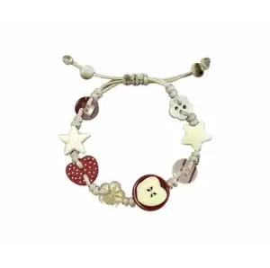 Handmade Bead Button Bracelet - Adjustable, Customizable Fit Bangle with Apple Fruit Charm, Versatile Accessory for Women's Daily Friendship Costume Jewelry