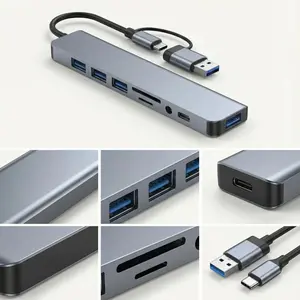 USB-C 8-Port Hub Expander with 4 USB 3.0 Ports 1 USB-C Jack TF/SD Card Reader 3.5mm Audio Output for iPhone 15 16 17 iPad Pro Laptop Galaxy Phones High-Speed Data Transfer