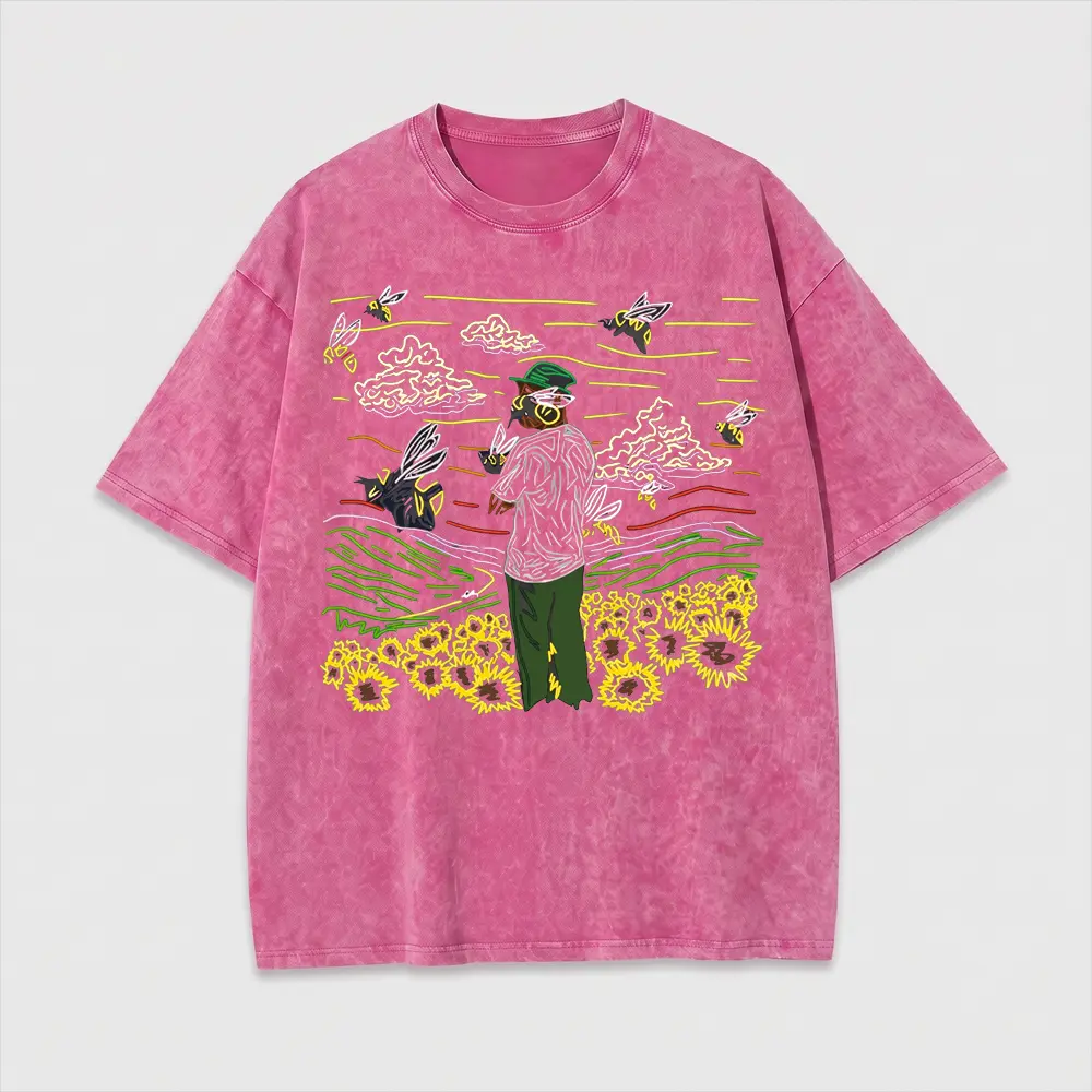 Vintage Acid Wash Graphic Tee with Abstract Floral & Bee Art | Oversized Cotton Streetwear T-Shirt for Men & Women | 90s Retro Aesthetic Summer Top with Unique Sketch Illustration | Casual Daily Wear Gift for Artists, Nature Lovers & Indie Fashionistas.