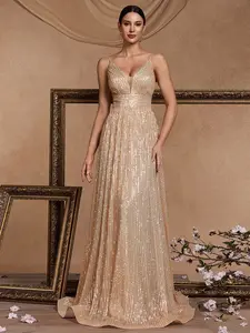 Ladies' sequined V-neck sleeveless casual formal party prelude dress Piece, solid color spring and summer style, elegant chic women's wear suitable for casual activities, evening and night outings, very suitable for fashionable and avant-garde ladies