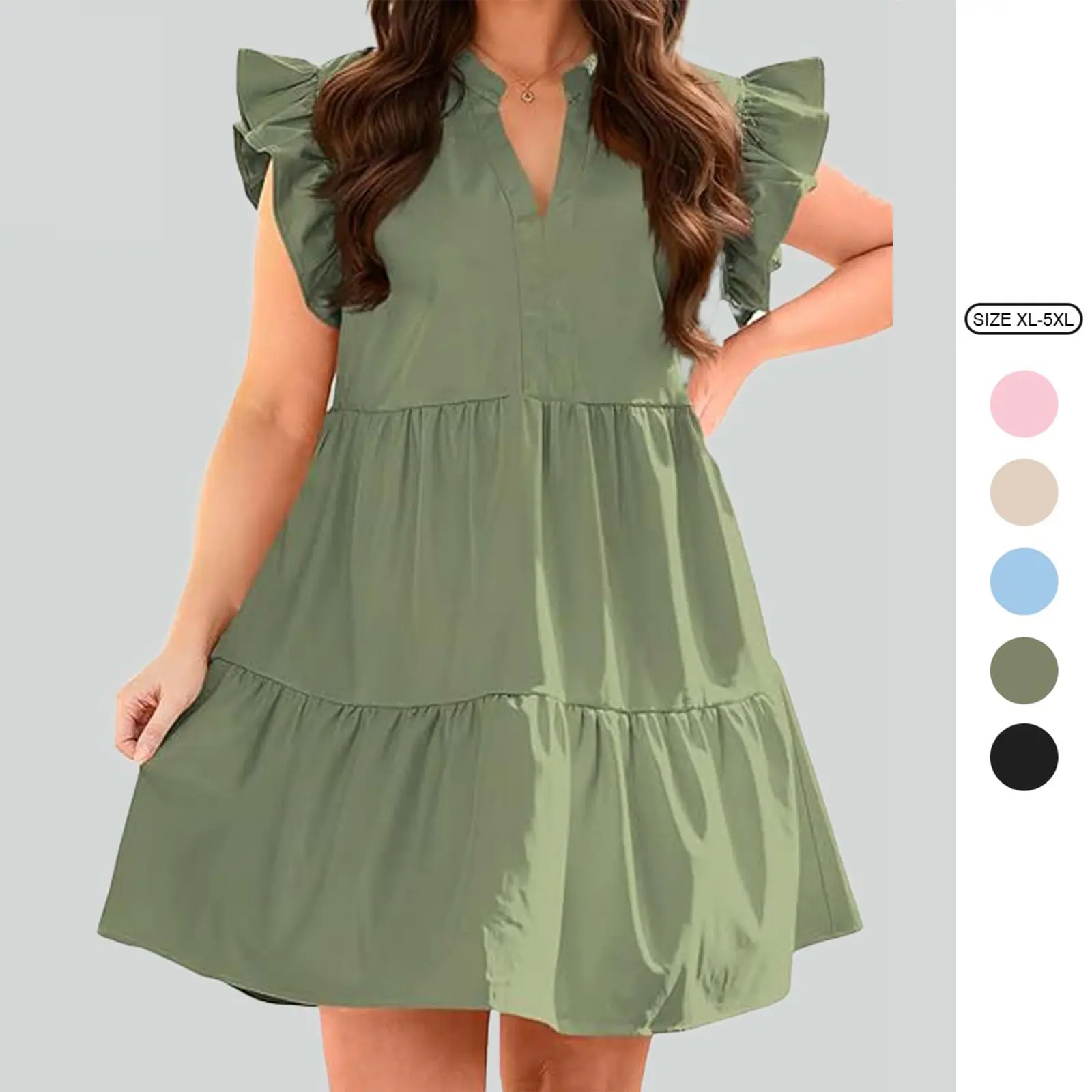 Imily Bela【XL-5XL】 Plus Size Dresses for Women Summer Ruffle Short Sleeve V Neck Dress Tiered Swing A Line Babydoll Mini Dress