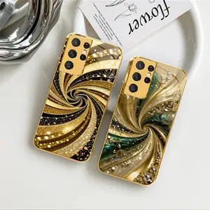 Luxury Gold-Plated Edge Smartphone Casing - Liquid Swirl Glitter Glass Cover for Galaxy S21 Ultra 5G, Cellphone Protection Accessories
